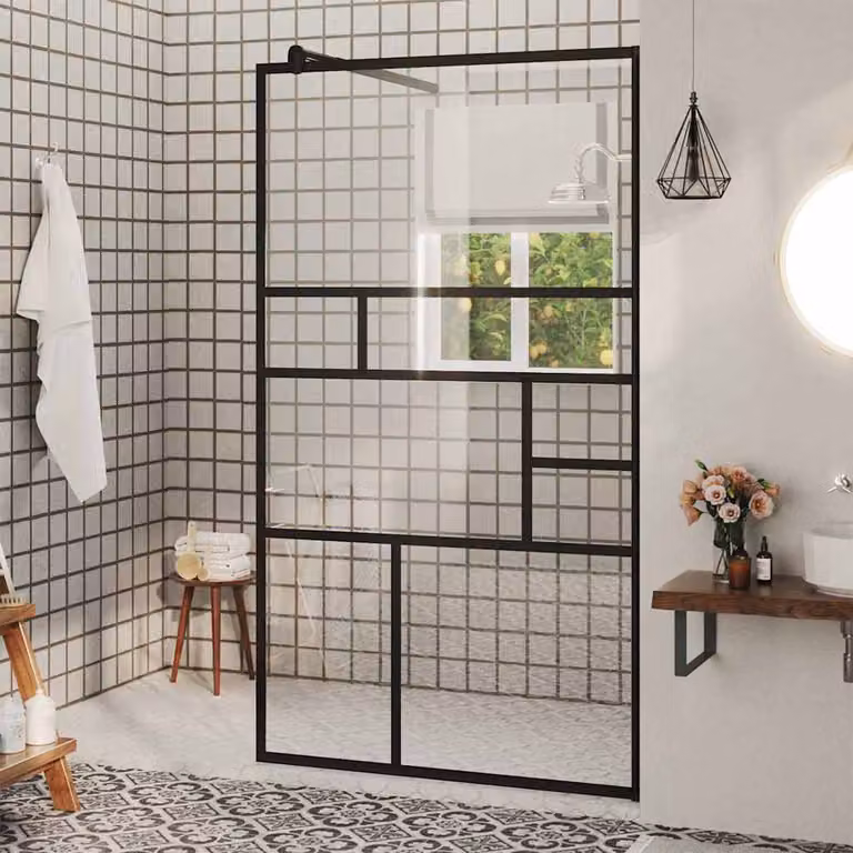Parete per Doccia Walk-in vidaXL in Vetro Trasparente ESG, Colore Nero, L: 90 cm, H: 195 cm