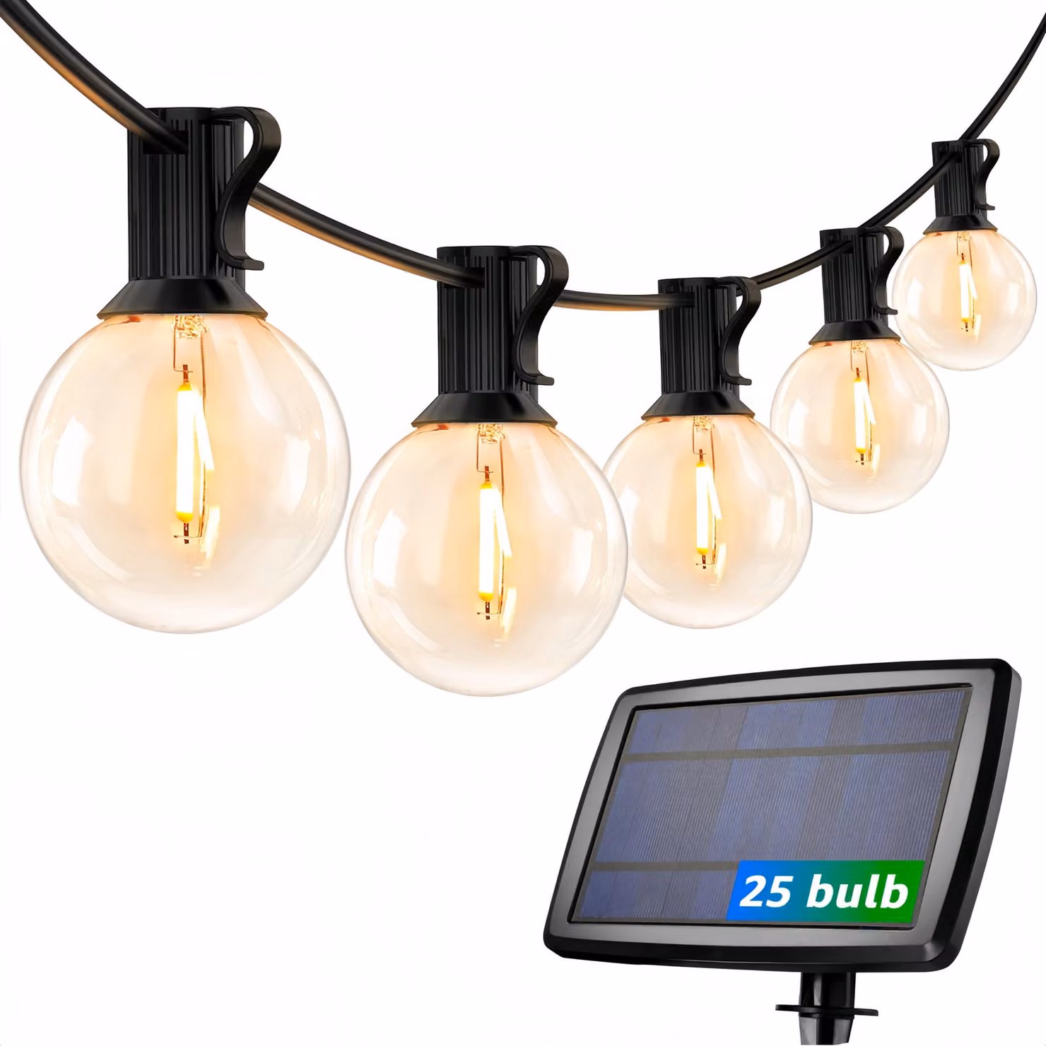 Catena luminosa solare, lunghezza 7,62 metri, tipo G40, 25 lampadine LED bianco caldo, 4 modalità