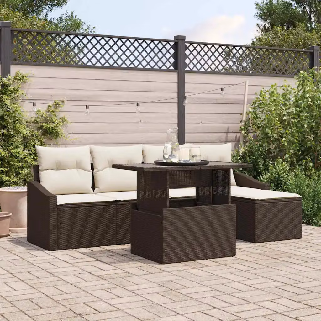 Set Divano da Giardino vidaXL 6 Pezzi a Forma di L con Tavolino e Ottoman, Marrone e Beige, Struttura in Metallo e Polyrattan con Cuscini Inclusi – 1
