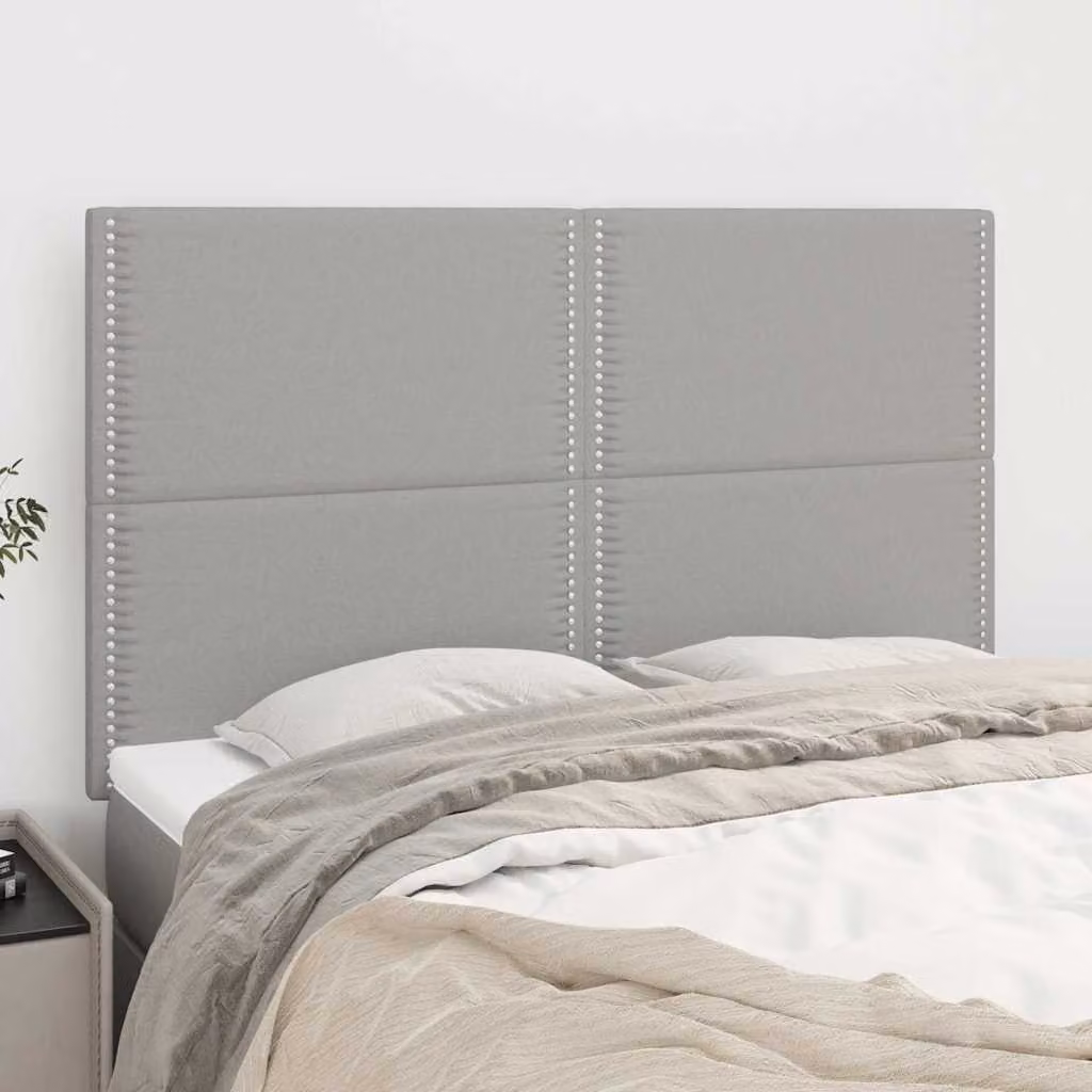 Testiera per letto vidaXL in tessuto grigio chiaro con struttura in legno di larice, L: 144 cm, P: 5 cm, H: 118/128 cm