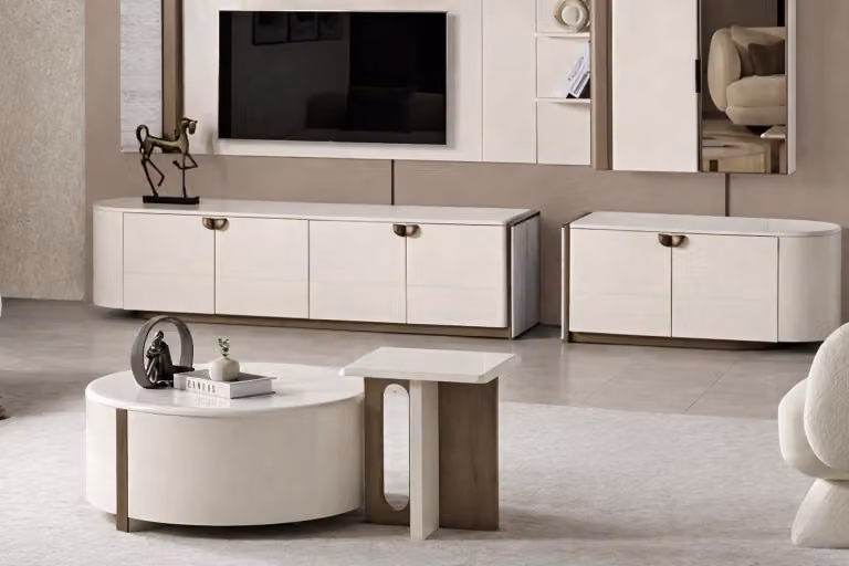 Modulo TV panoramico per soggiorno di design, tavolino da caffè, tavolino ausiliario