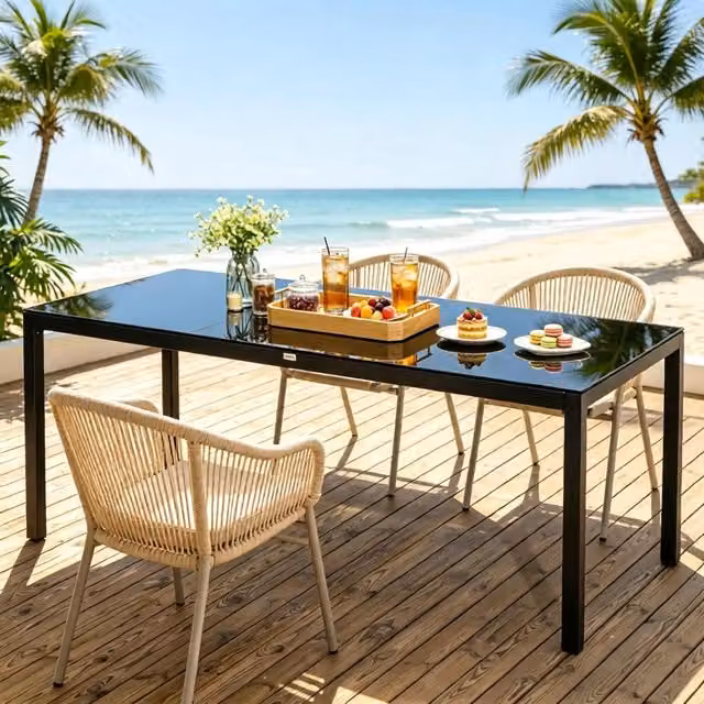Tavolo da pranzo rettangolare da esterno REDOM in alluminio nero e vetro L: 180 cm, P: 80 cm, H: 72 cm