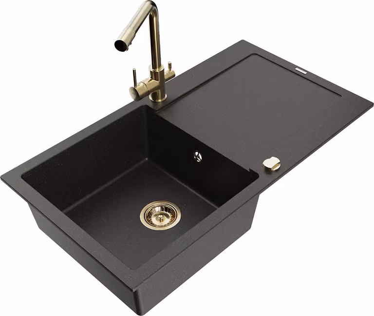 Mexen Leo lavello in granito 1-vasca con gocciolatoio e rubinetto cucina Duero, nero/oro metallizzato - 6501-75-671600-50-B