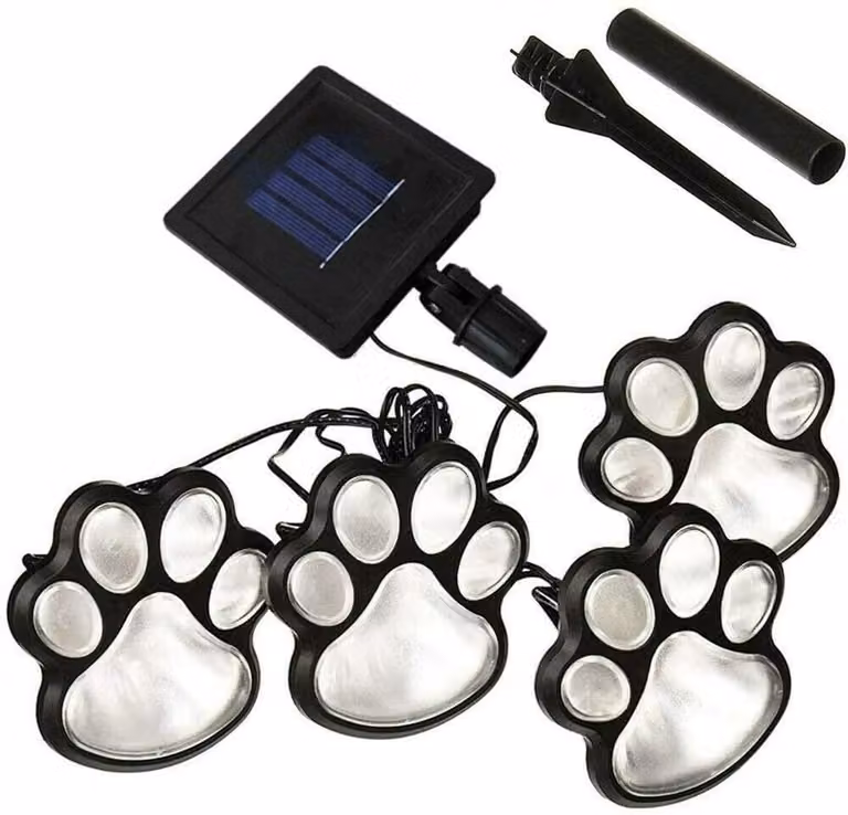 4 luci LED a forma di impronta di zampa per illuminare i vialetti del giardino, alimentate a energia solare