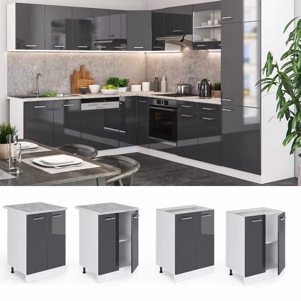 Mobiletto base cucina Vicco R-Line Antracite e Bianco lucido con ante a battente L: 60 cm, H: 81.6 cm, P: 46 cm – 2