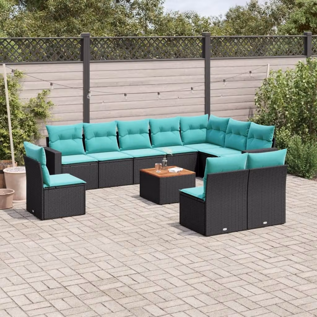 Set di divani da giardino vidaXL 11 pezzi in polyrattan con cuscini blu e turchese a forma di U