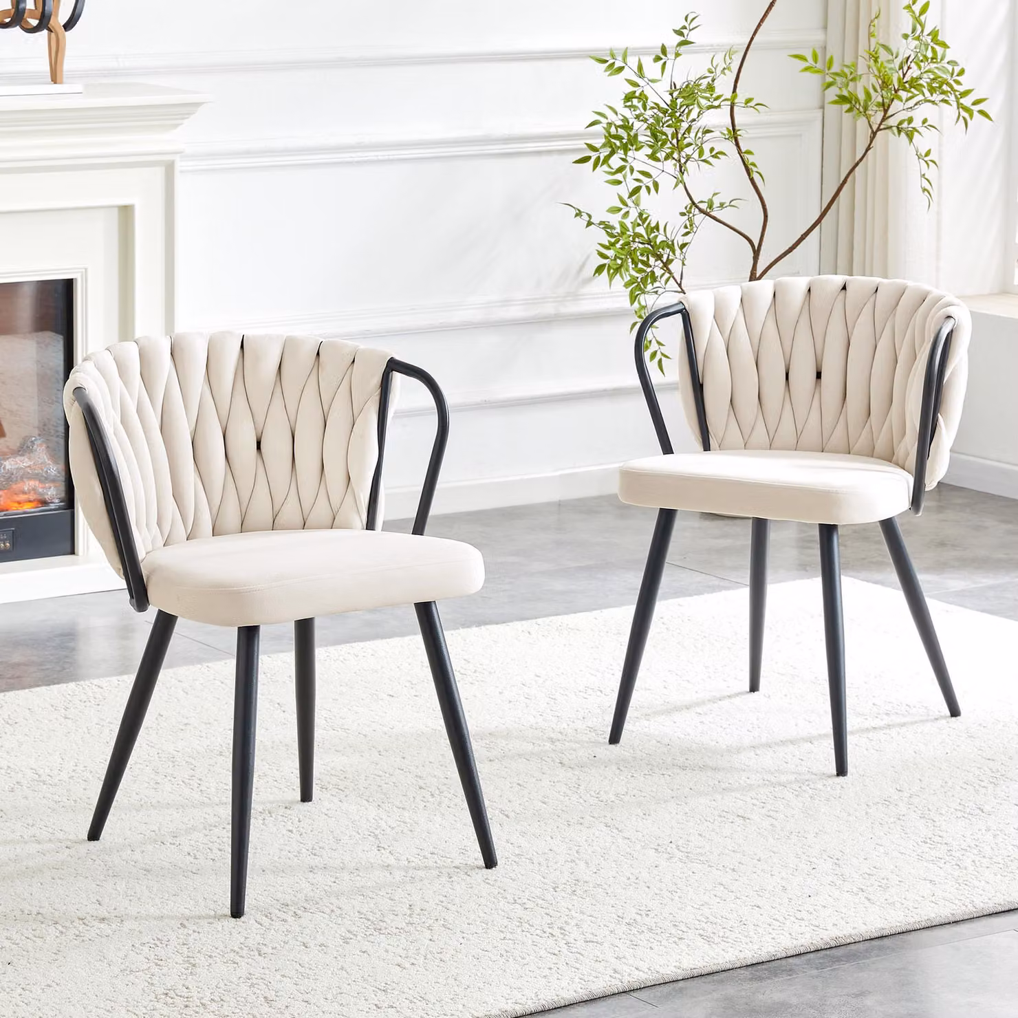 Sedia da pranzo MODFU con schienale intrecciato, poltrona imbottita in velluto, sedia da cucina con quattro gambe in metallo nero opaco dotate di piedini in gomma antiscivolo, beige