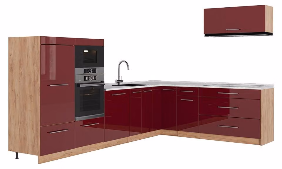 Cucina angolare completa Vicco Fame-Line Bordeaux lucido/Rovere dorato 327 x 227 cm, PL Marmo, Model 64402