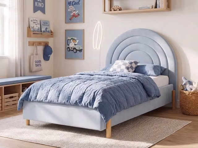 Letto Singolo con Contenitore BELIANI in Velluto Blu con Testiera a Mezza Luna Design Retro, L/P: 90 x 200 cm – 1