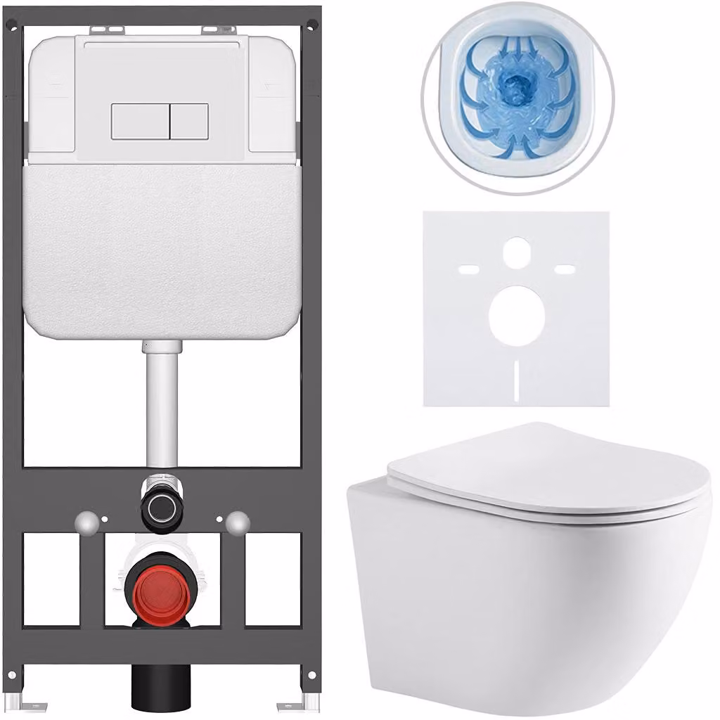 Set completo per WC sospeso "Cesso" - bianco opaco - pulsante Prime/Modulo, bianco - installazione a parete/con pannello di cartongesso - 49x36 cm