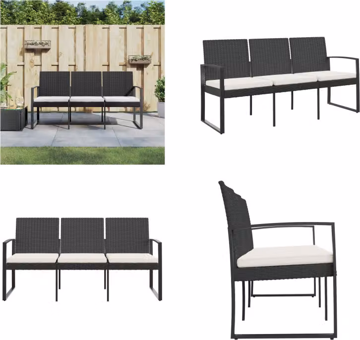 vidaXL Panca da giardino a 3 posti con cuscini in PP rattan - Panca da giardino - Panca da giardino - Panchina - Panca da esterno