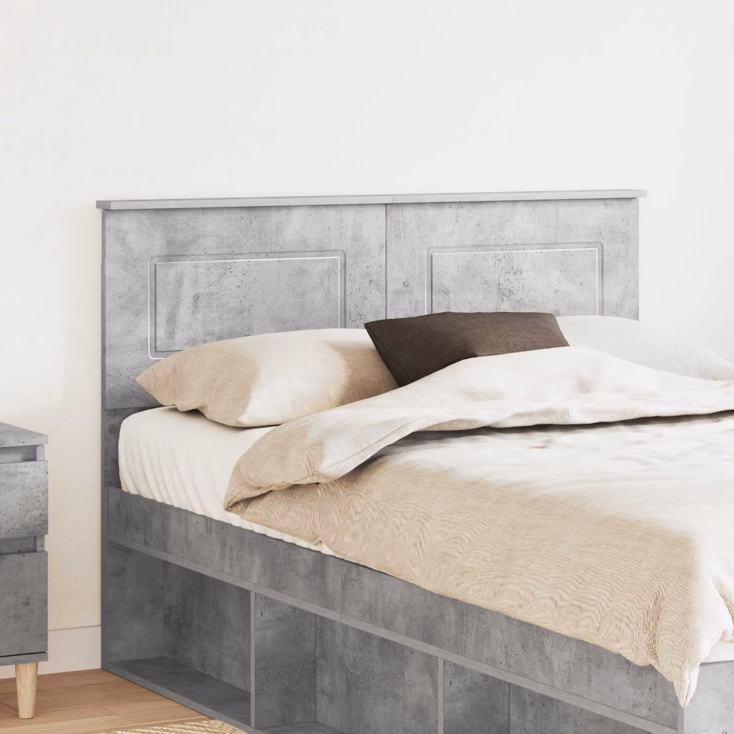 Testiera per letto moderna vidaXL in legno ingegnerizzato, colore grigio cemento, con scomparti laterali, L: 138,0 cm, H: 90,0 cm, P: 25,0 cm