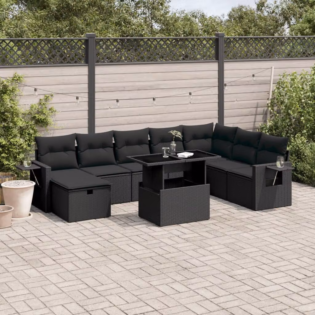 vidaXL Set Divani da Giardino 9 pz a Forma a L con Cuscini e Tavolino Nero in Polyrattan e Acciaio – 1