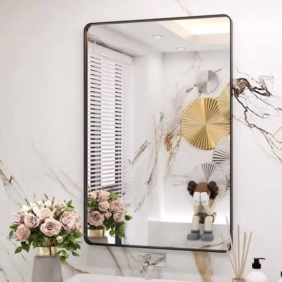 Specchio per bagno ingrandito - 61 x 71 cm - Rettangolo con angoli arrotondati - Nero lucido - Antiruggine - Vetro resistente - Posizionamento orizzontale o verticale
