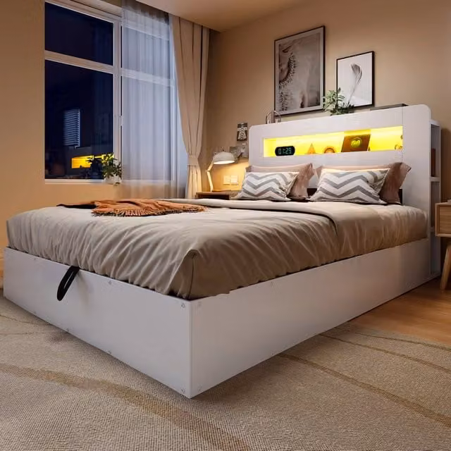 Letto contenitore 140x200 cm bianco in legno, testiera con prese e LED