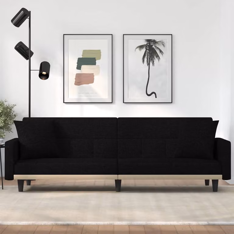 vidaXL Divano Letto Click-Clack Moderno in Tessuto Nero con Cuscini e Poggiatesta Regolabile L/P/H: 220 x 90 x 70 cm