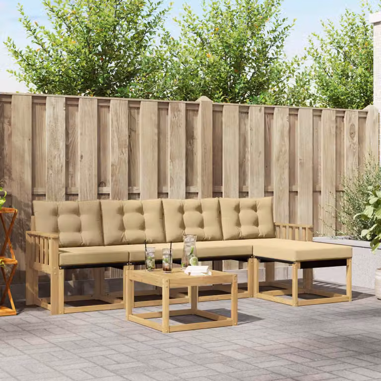 Set di divani da esterno vidaXL a forma di L in legno di acacia con tavolino e pouf, Bianco, Beige e Marrone
