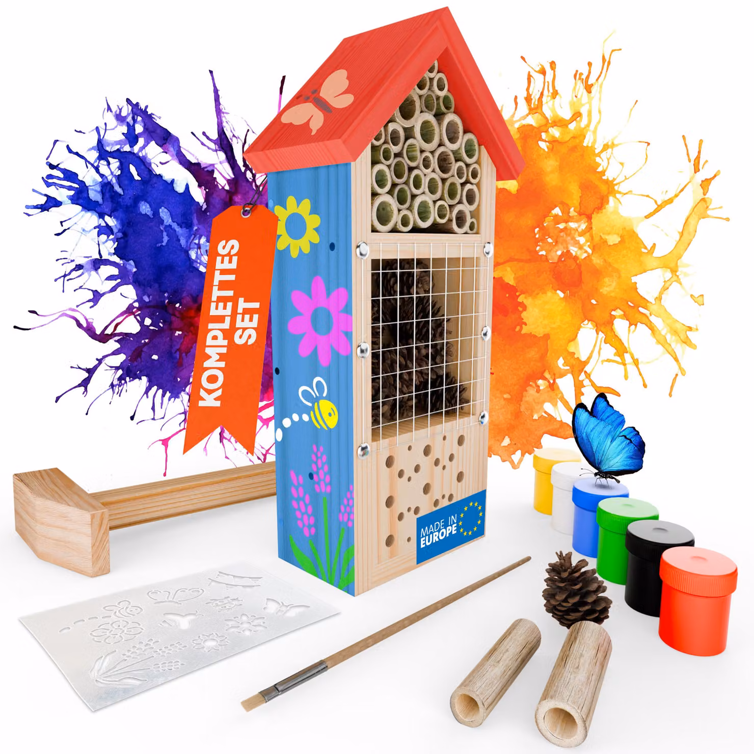 Eli® Kit per costruire un hotel per insetti per bambini in legno di pino da dipingere – incl. 6 colori – pennello – martello in legno – stencil