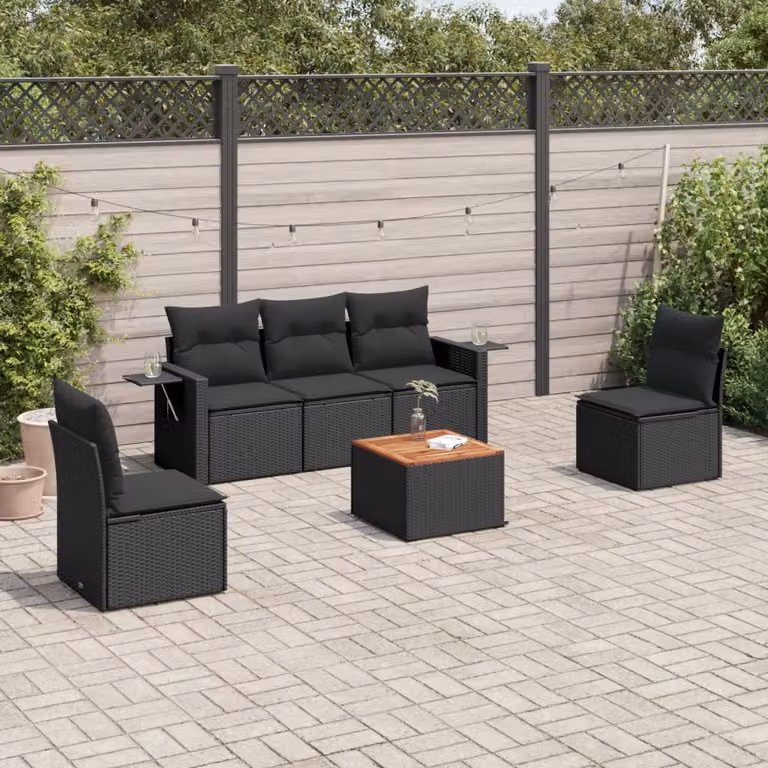 Set Divano da Giardino vidaXL 6 pz in Polyrattan Nero con Cuscini e Tavolino da Caffè