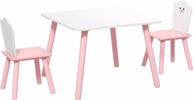 Set Tavolo e 2 Sedie per Bambini AIYAPLAY in Legno con Angoli Arrotondati, Tema Zucchero Filato, Rosa e Bianco – 1