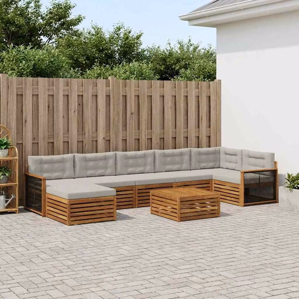 vidaXL Set di divani da esterno a forma di L in legno di acacia, 8 pezzi, Naturale e Grigio Chiaro