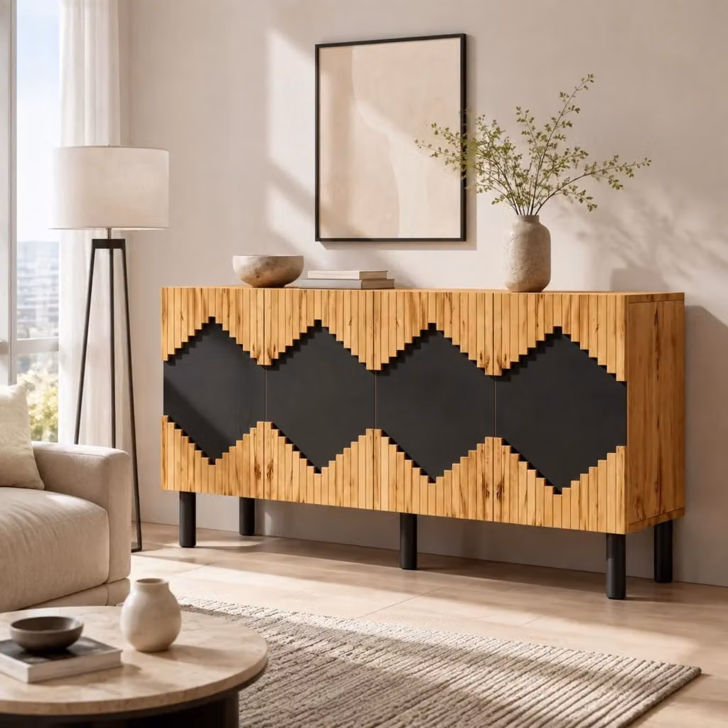 Credenza contenitore moderna in MDF e metallo con ante push-open, colore nero e marrone, L: 140 cm, P: 40 cm, H: 70 cm – 2