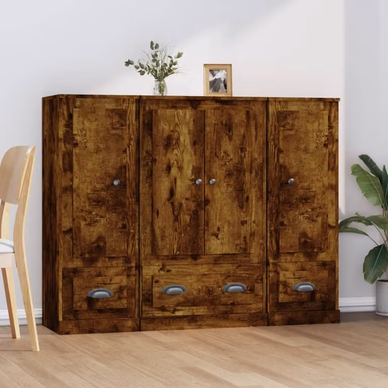 Set di 3 credenze vidaXL in legno multistrato Rovere Fumo, design minimalista, colore marrone, da appendere a parete