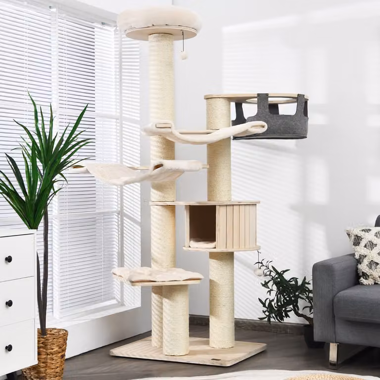 Albero per gatti Costway in legno beige con amaca e toilette nascosta a doppia porta, Altezza: 197 cm