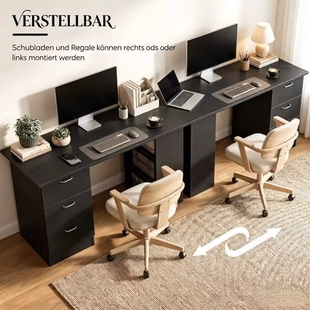 Scrivania OKWISH moderna in MDF nero con 3 cassetti e 3 ripiani reversibili, L/P/H: 120 x 49 x 72 cm