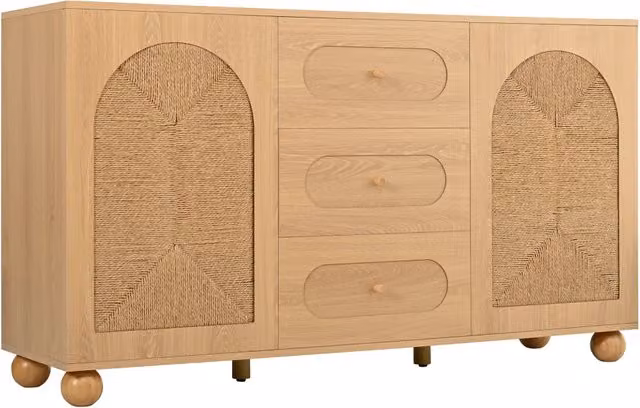Madia Chicfurn con 2 ante in corda intrecciata e 3 cassetti per soggiorno o ingresso, marrone e beige, L: 140 cm, P: 40 cm, H: 80 cm