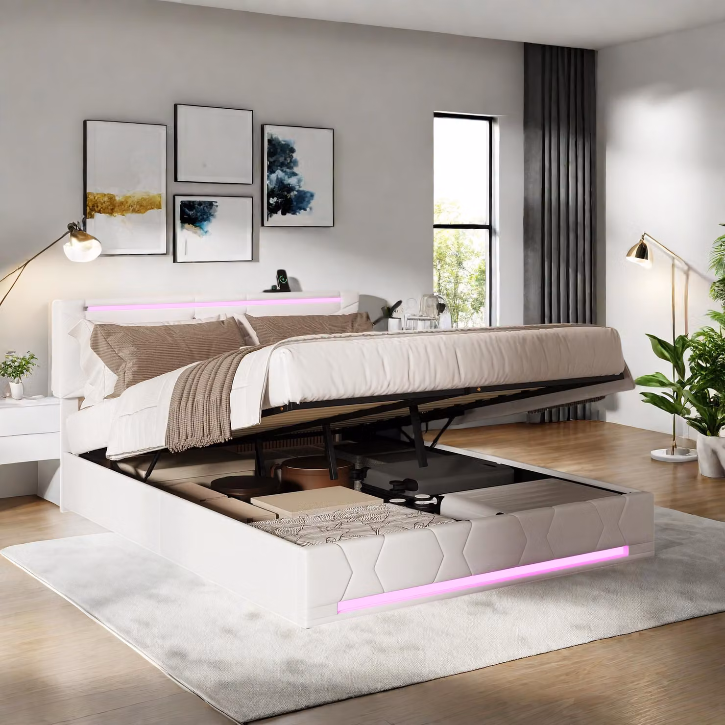 Letto box 160x200 cm in tessuto beige con strisce LED per testiera/pediera, prese USB e testiera regolabile