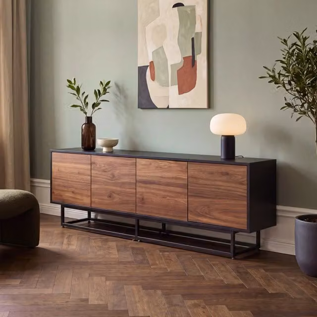 Credenza Bassa Boxholm en.casa con 4 Ante Push-Open, Nero e Effetto Noce, L 180 cm x P 30 cm x H 56 cm – 1