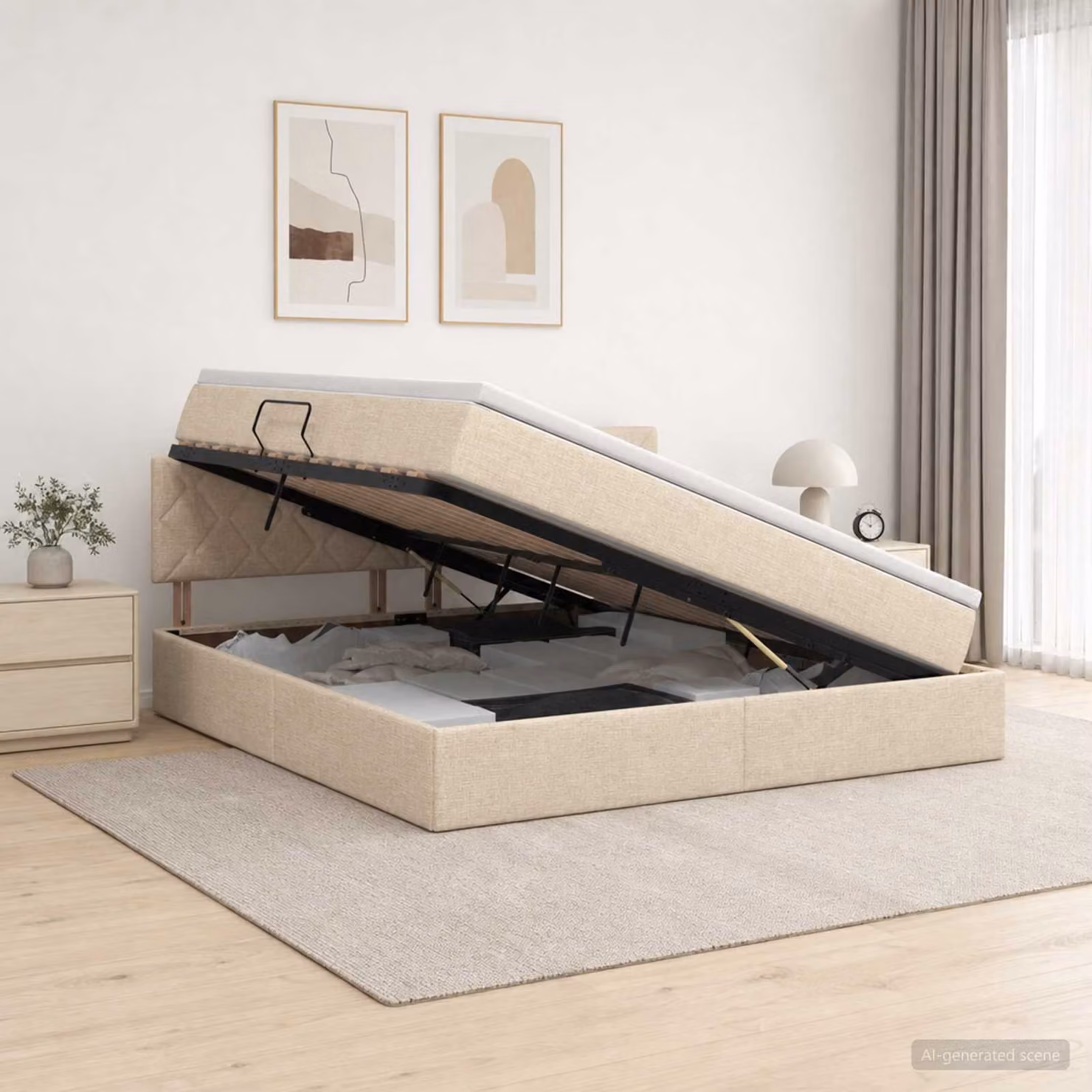 Letto con contenitore e materasso a molle con illuminazione LED vidaXL, colore beige, L/P/H: 180 x 200 x 140 cm