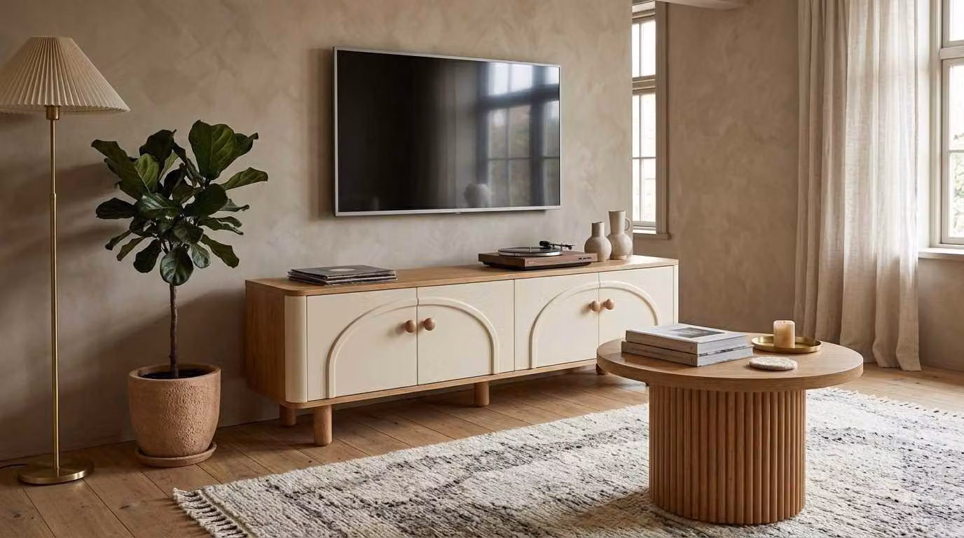 Set per TV: mobile TV, tavolino da caffè, design moderno, colore beige, lusso