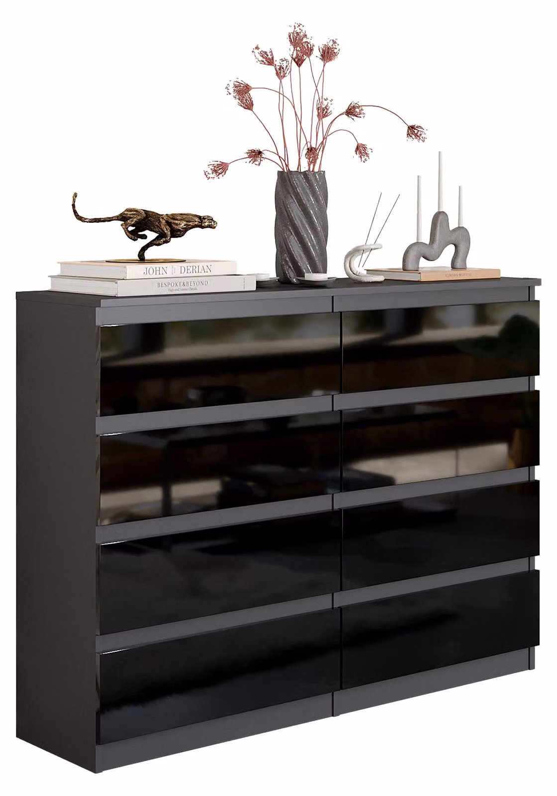 Comodino antracite grigio/nero lucido con 8 cassetti – Mobile contenitore moderno per camera da letto e soggiorno – Comodino spazioso – GABRIEL