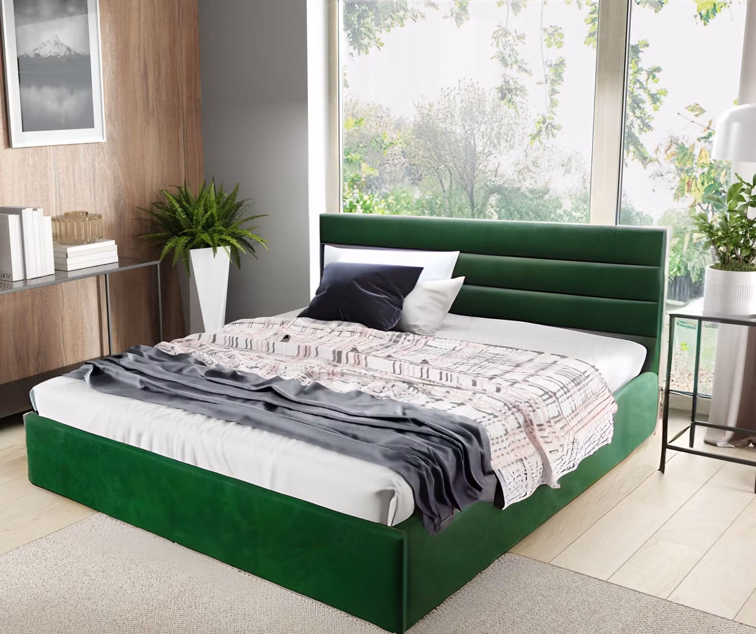 Letto imbottito GUTTO 90x200 a doghe metalliche in tessuto vellutato verde con box letto e vano contenitore