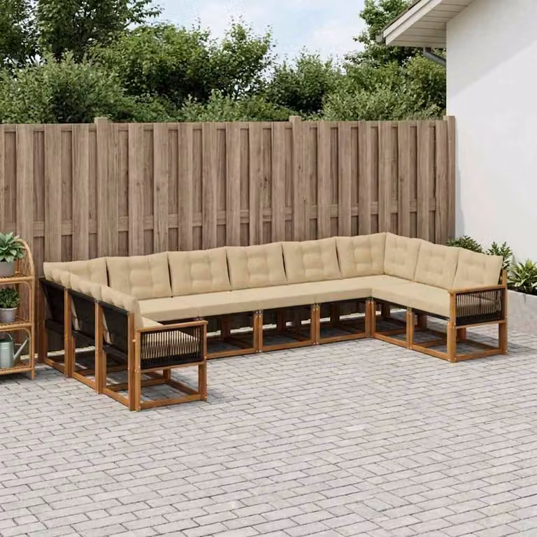 Set di divani da esterno vidaXL a forma di U in legno di acacia con cuscini beige e tessuto textilene