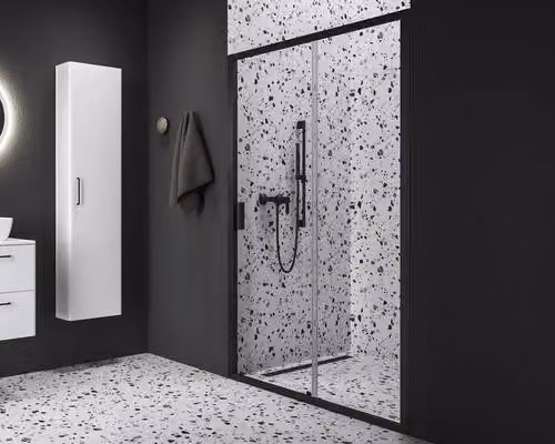 Porta doccia per alcova RAVAK Blix II 110 cm colore telaio nero decoro vetro chiaro 0PMD0300Z1