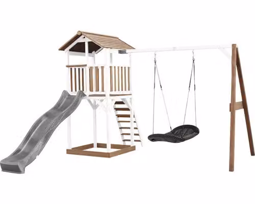 AXI Beach Tower parco giochi in legno in marrone e bianco | Torre di gioco con sabbiera, altalena a nido e scivolo grigio | Casa per bambini su palafitte per il giardino