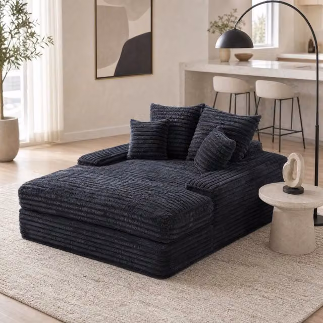 Chaise longue ULEVR 135x165x58 cm in velluto a coste grigio con 4 cuscini removibili, imbottitura in memory foam