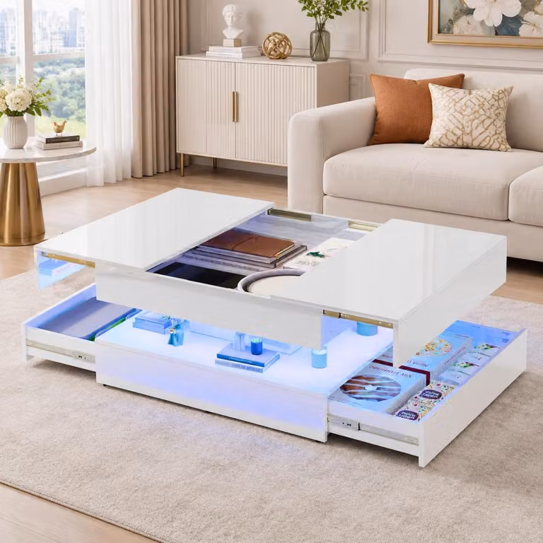 INONEFT Tavolino estendibile, 78x78x43 cm, tavolino da soggiorno con 2 cassetti, tavolino laterale con spazio contenitivo nascosto, tavolino da divano, bianco