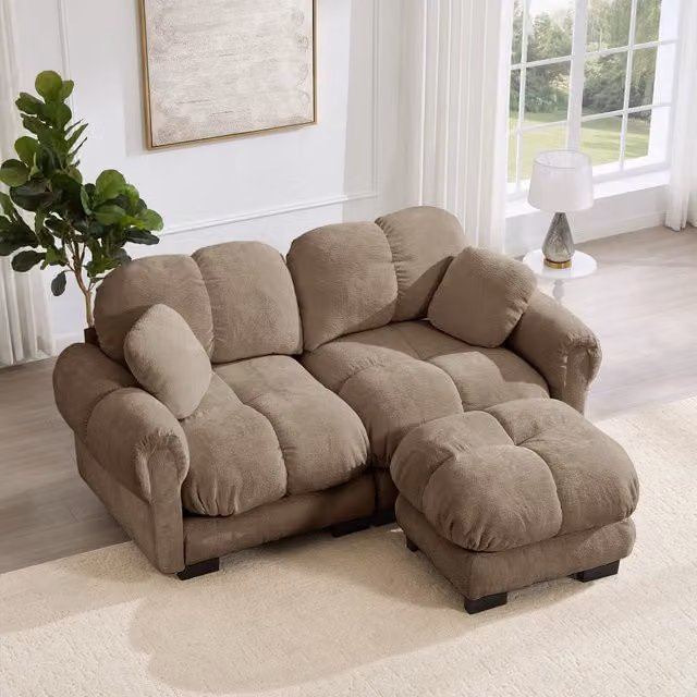 Divano 190.0x149.0x90.0 cm modulare con pouf mobile in ciniglia marrone