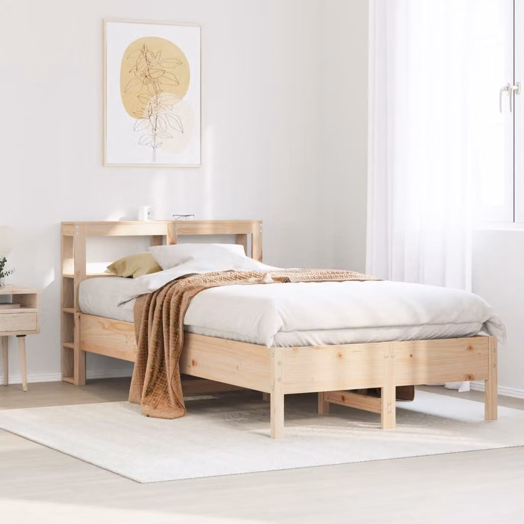 Letto in legno massello di pino stile rustico con ripiani laterali e doghe piatte color marrone vidaXL