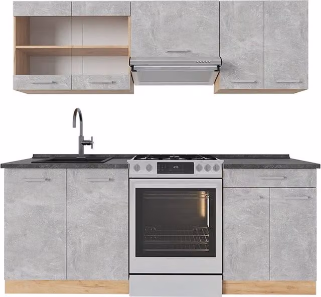 Cucina componibile moderna Vicco R-Line in Calcestruzzo e Rovere dorato con ante Antracite L: 200 cm