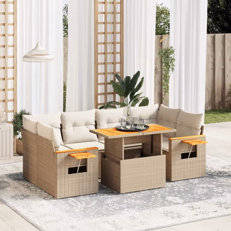 vidaXL Set Divani da Giardino 7 pz a Forma a L in Polyrattan Beige con Cuscini Imbottiti e Tavolino
