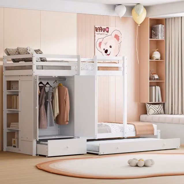 Letto a castello in legno con letto estraibile; armadio; cassetti e ripiano; 90x200 cm; bianco