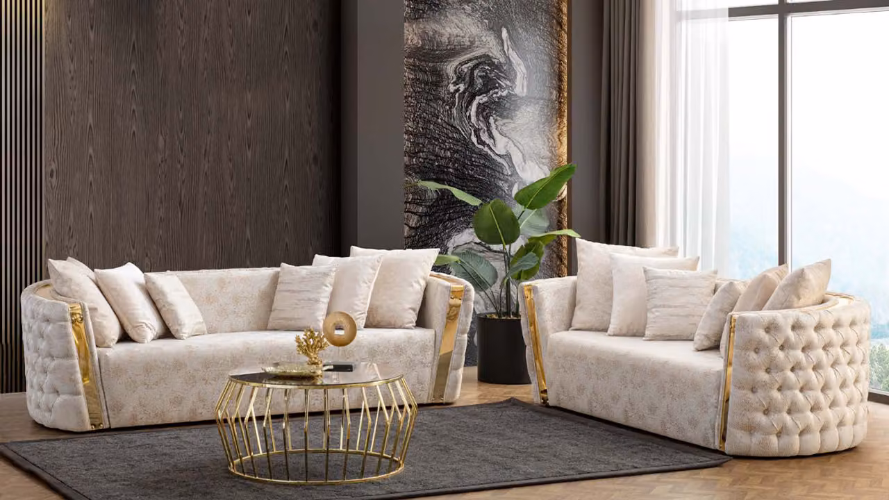 Komplette Beige Chesterfield Sitzgarnitur 3-Sitzer Polster 2-Sitzer 2tlg