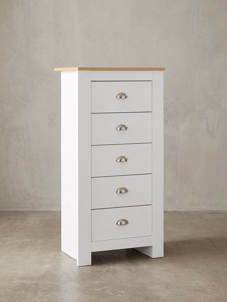 Credenza in rovere bianco, 5 cassetti, spazio contenitivo salvaspazio, rivestimento in resina melamminica. 53x39x114 cm | Kadima Design