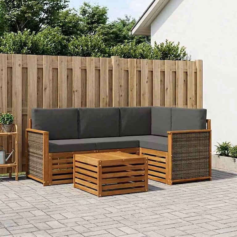 Set di divani da esterno vidaXL a forma di L con tavolino da caffè, struttura in legno di acacia e cuscini inclusi, colori beige e antracite