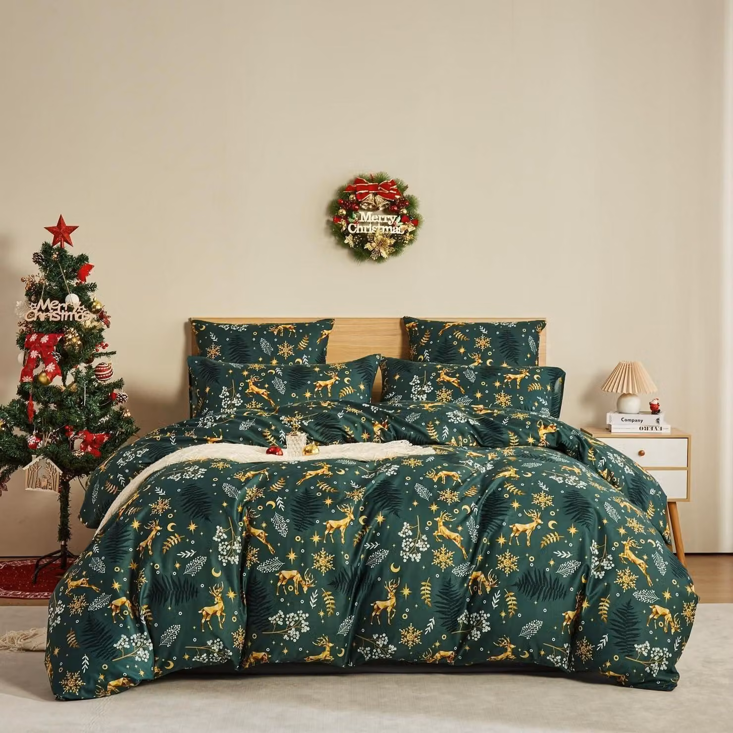Set di lenzuola natalizie, 220x240 cm, verde, con motivo di renna natalizia, in microfibra. Include 2 federe da 80x80 cm